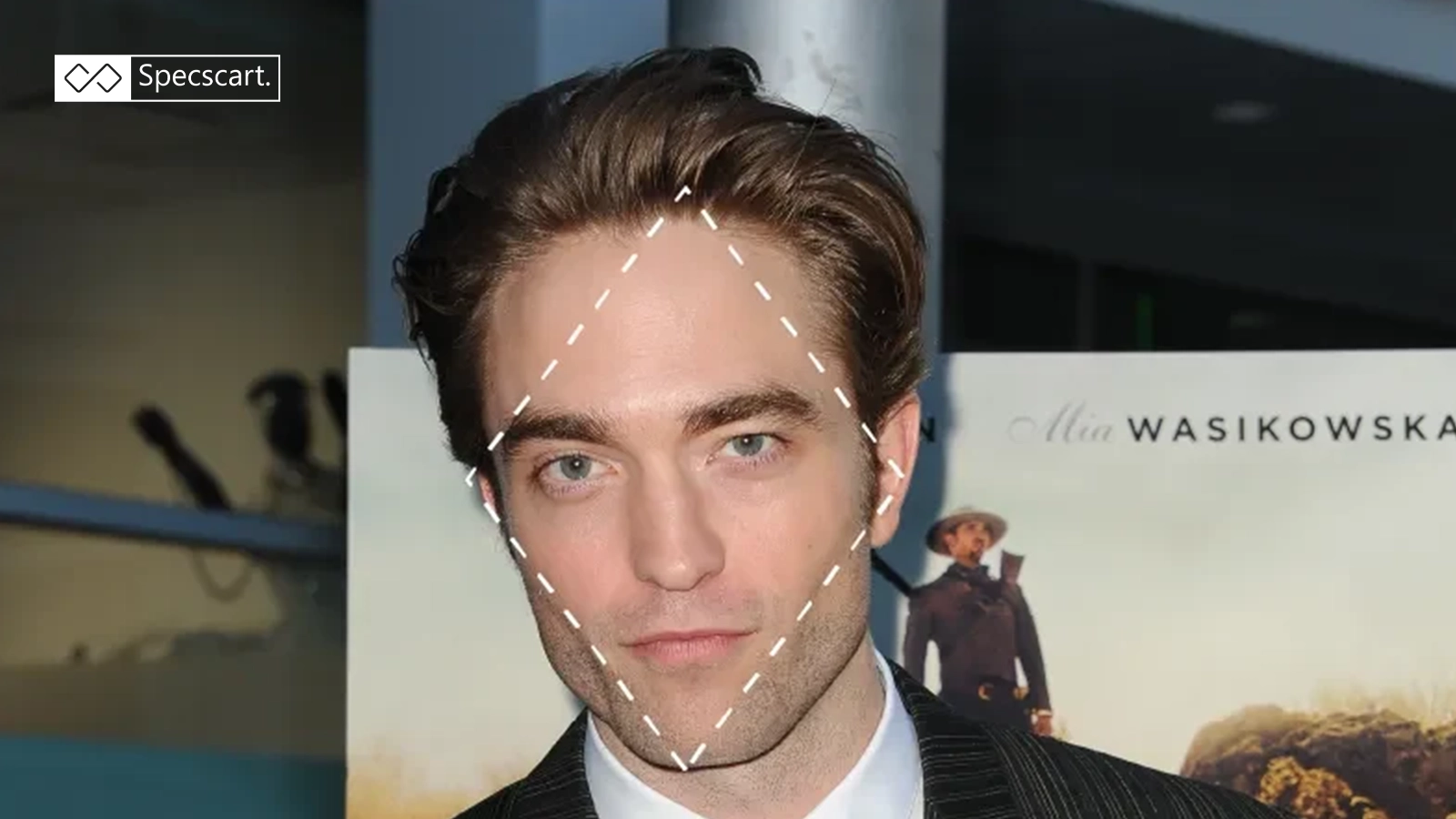 Robert Pattinson with a white dashed diamond outline over his face to illustrate the diamond face shape.