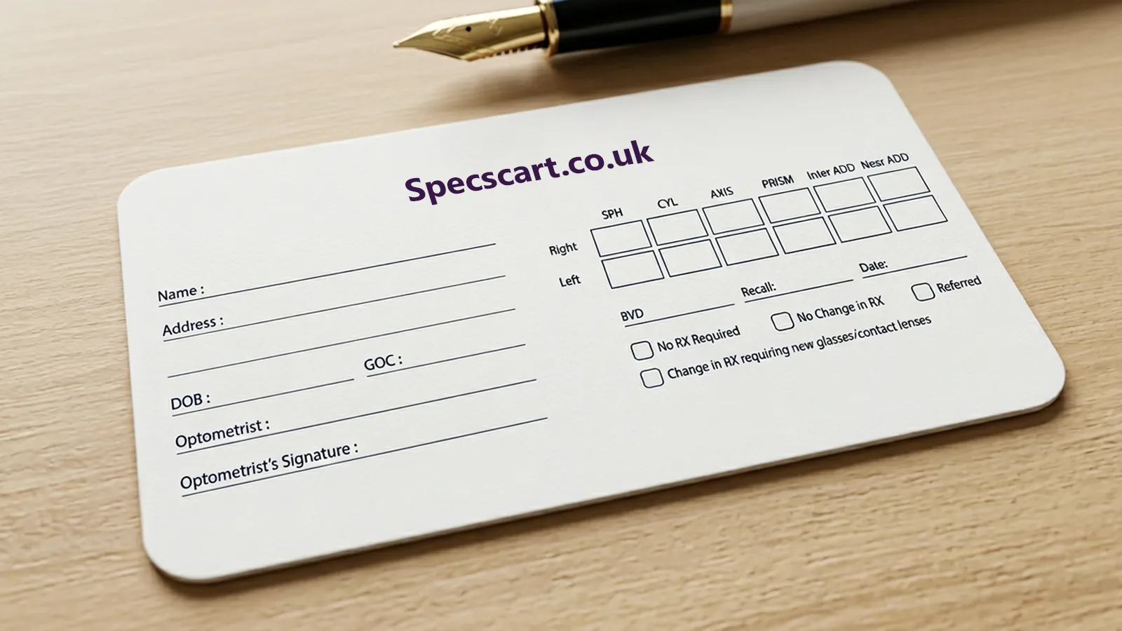 A white Specscart eye prescription card laying on a wooden desk next to a black fountain pen, showing empty fields for optical measurements.