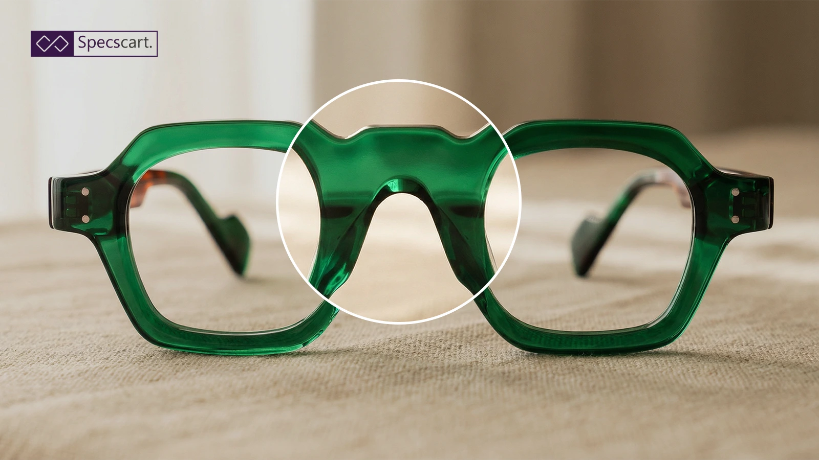 Close-up of green acetate glasses with a magnified view of the saddle nose bridge, highlighting the frame's design and fit on a neutral background.