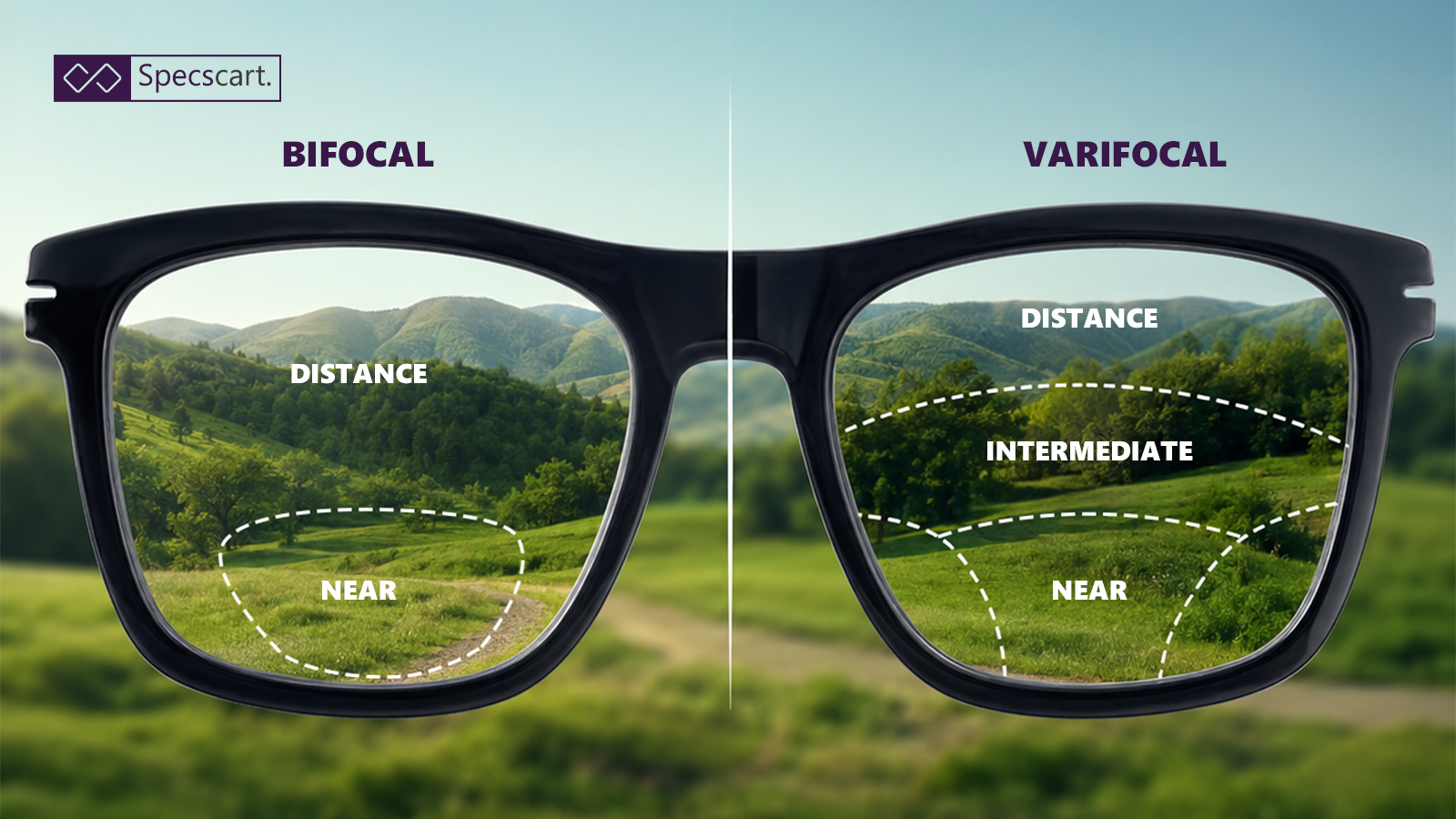 What is the Difference Between Bifocal and Varifocal Lenses? A comparison image of a bifocal and a progressive lens in black glasses, held against a purple background. Dotted lines illustrate the distinct "Distance" and "Near" vision areas for each lens type.