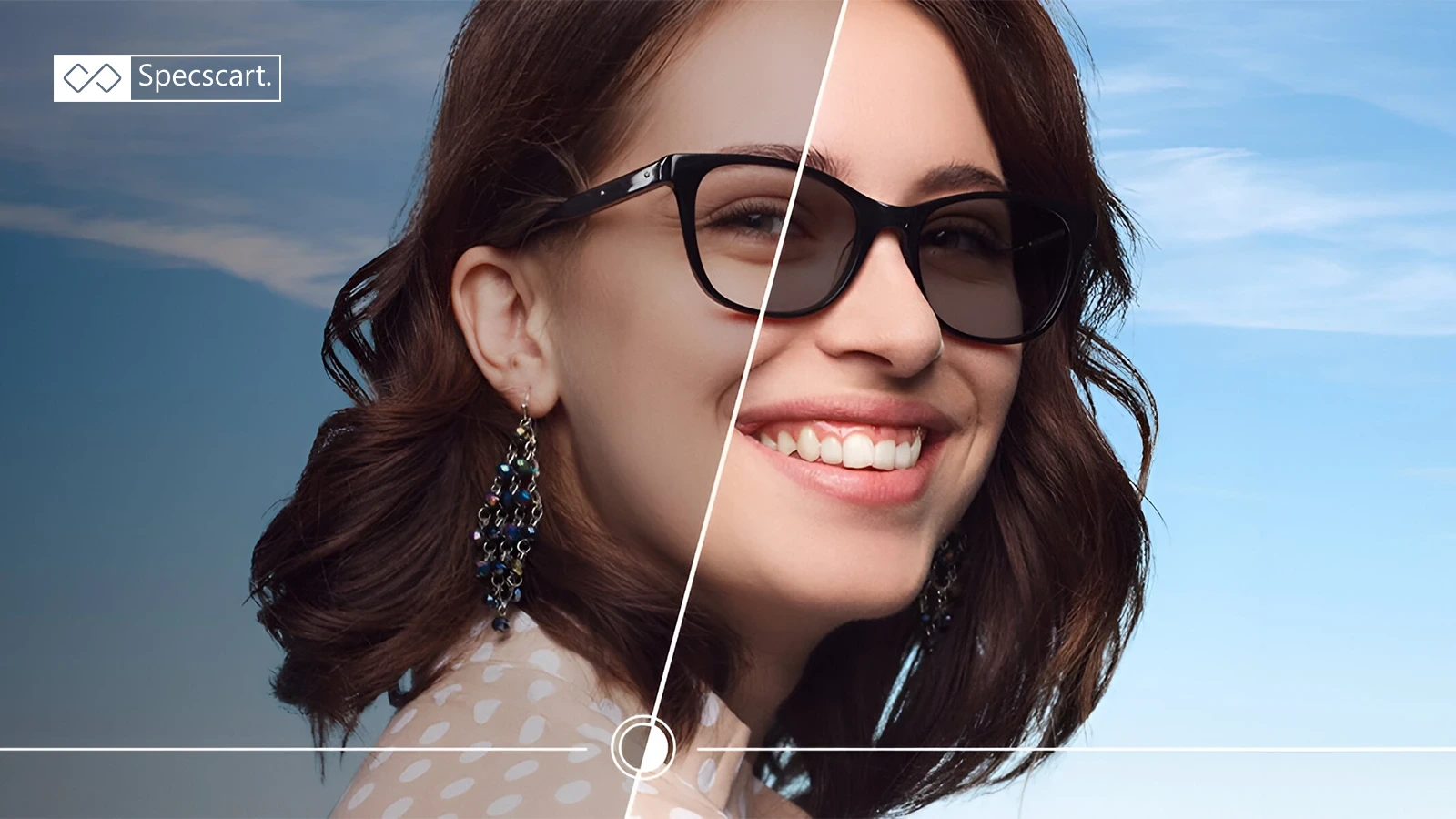 Everything You Need To Know About Transitions® Lenses Portrait of a man with a beard wearing glasses where one lens is clear and the other is dark, titled Transition Lenses - An Updated Guide.