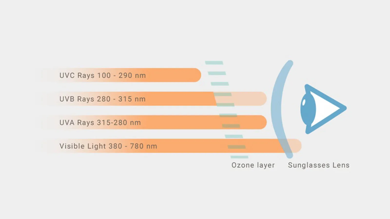 100% UV Protection Sunglasses - All You Need To Know! An educational diagram illustrating how the ozone layer and sunglasses lenses filter out harmful UVC, UVB, and UVA rays while allowing visible light to safely reach the eye.