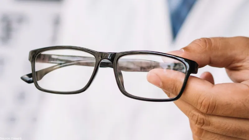 A close-up of a hand holding sleek black rectangular glasses against a blurred white background, showcasing the style of frames used for varifocals.