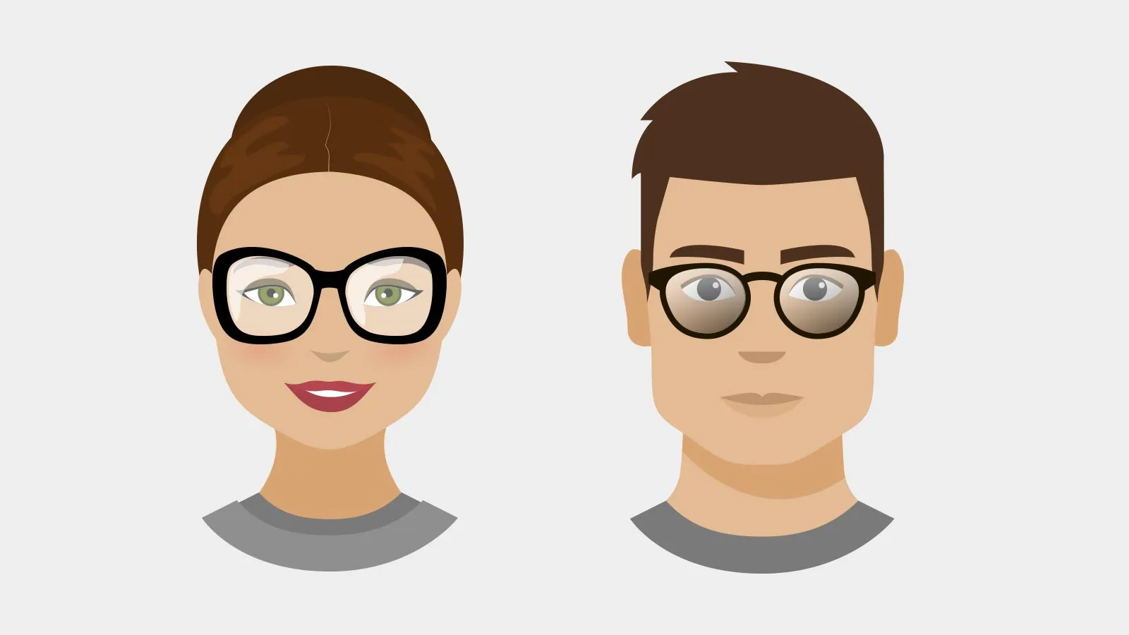 Illustration of a woman and man with rectangular face shapes wearing flattering cat-eye and round frame styles.