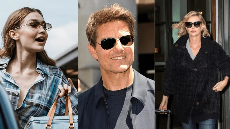 Collage featuring Gigi Hadid, Tom Cruise, and Charlize Theron wearing iconic sunglasses styles.