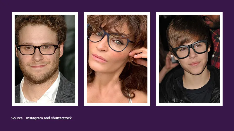 Celebrities wearing fashionable frames, illustrating the trend of non-prescription "fake" glasses as accessories.