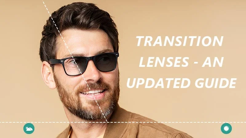 Everything You Need to Know About Transitions Lenses Portrait of a man with a beard wearing glasses where one lens is clear and the other is dark, titled Transition Lenses - An Updated Guide.