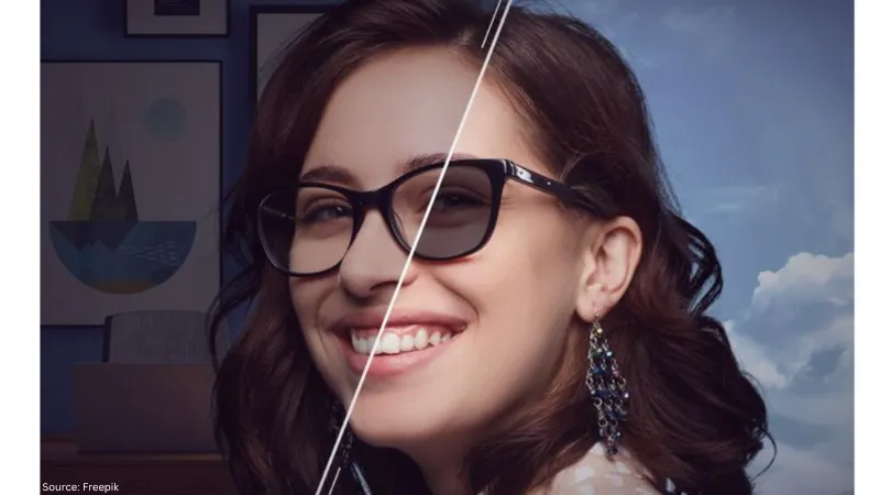 A smiling woman is shown in a diptych illustrating the effect of photochromic lenses. The left side shows the lens darkened indoors, while the right shows the clear lens outdoors.