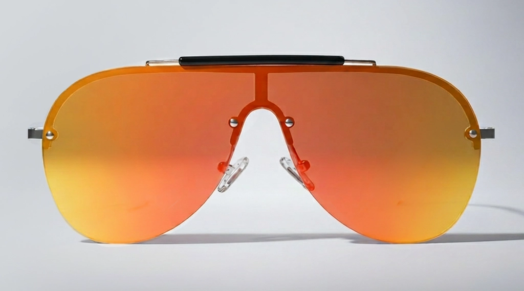 Mirrored Sunglasses Oversized square sunglasses with silver mirrored lenses and a black and white speckled frame, resting on a white geometric block.