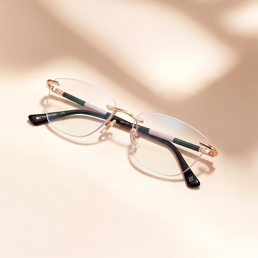 Rimless Glasses Minimalist rimless eyeglasses with rectangular lenses, silver bridge and temples, and black temple tips, shown on a light grey background