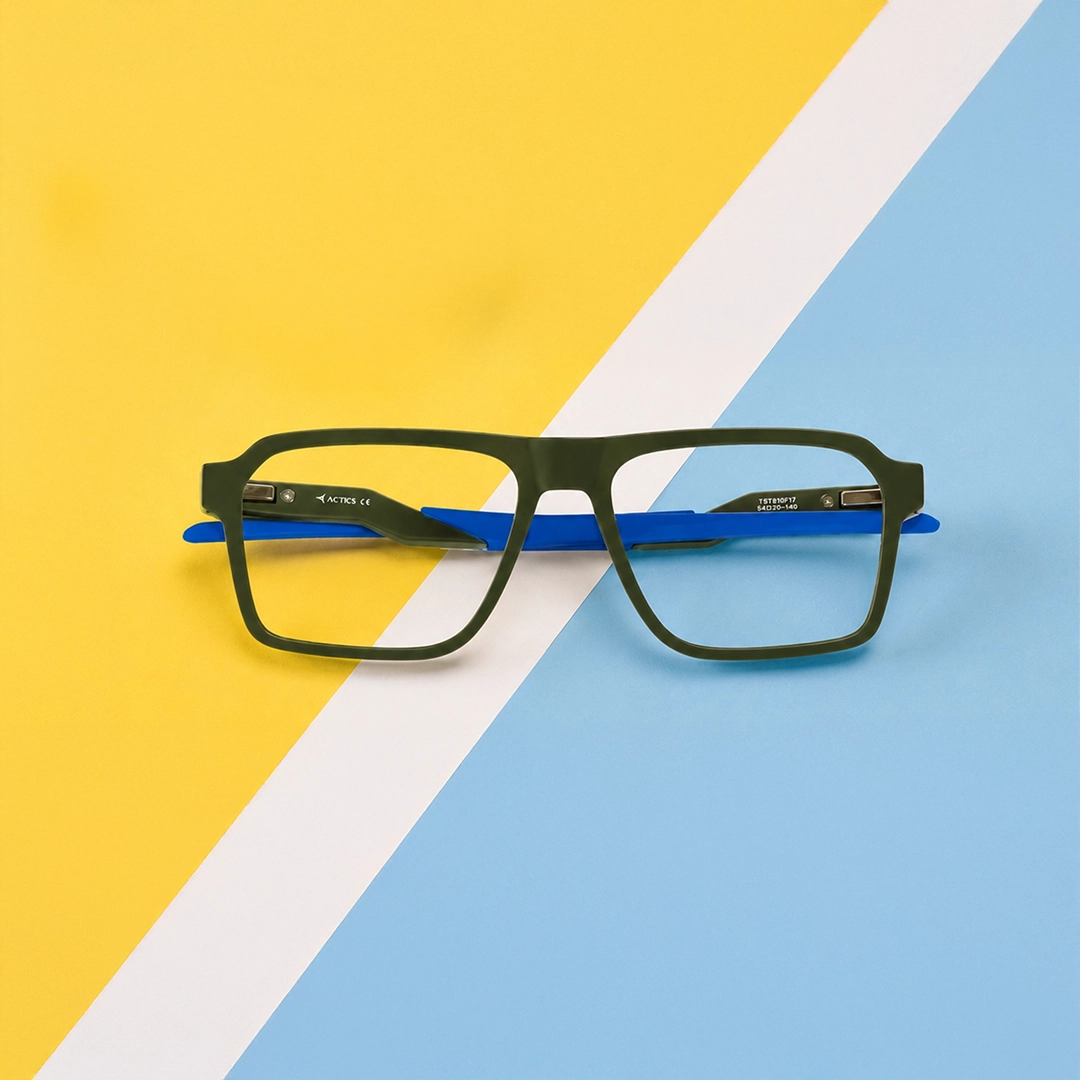 TR90 Glasses Image showing a lightweight pair of black rectangular TR90 glasses with vibrant orange inner arms, positioned diagonally on a soft pink glasses case, promoting TR90 sports glasses range.