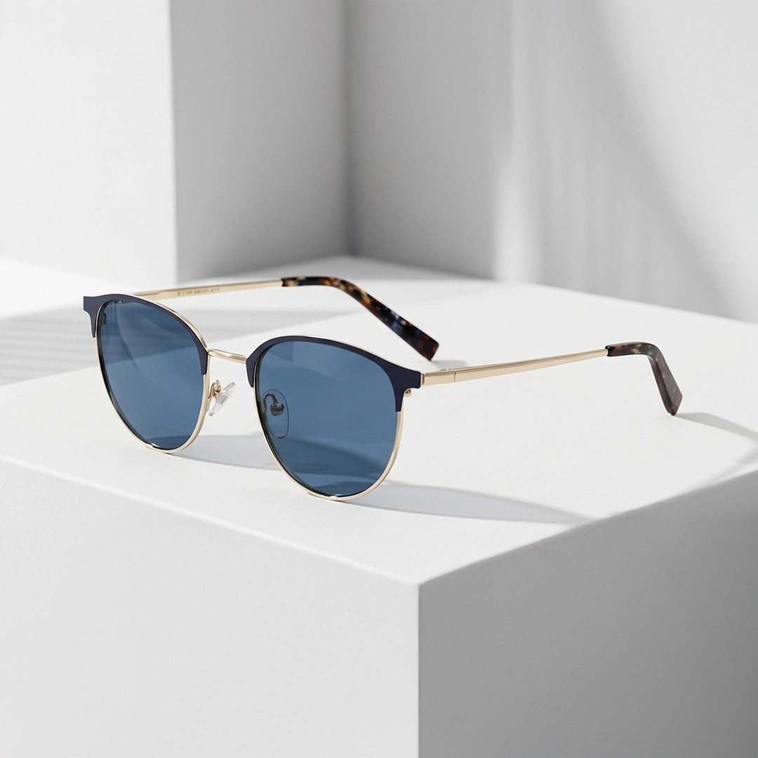 Close-up of sleek brow bar sunglasses with dark-tinted lenses resting on a white geometric block against a soft, minimalist white background.