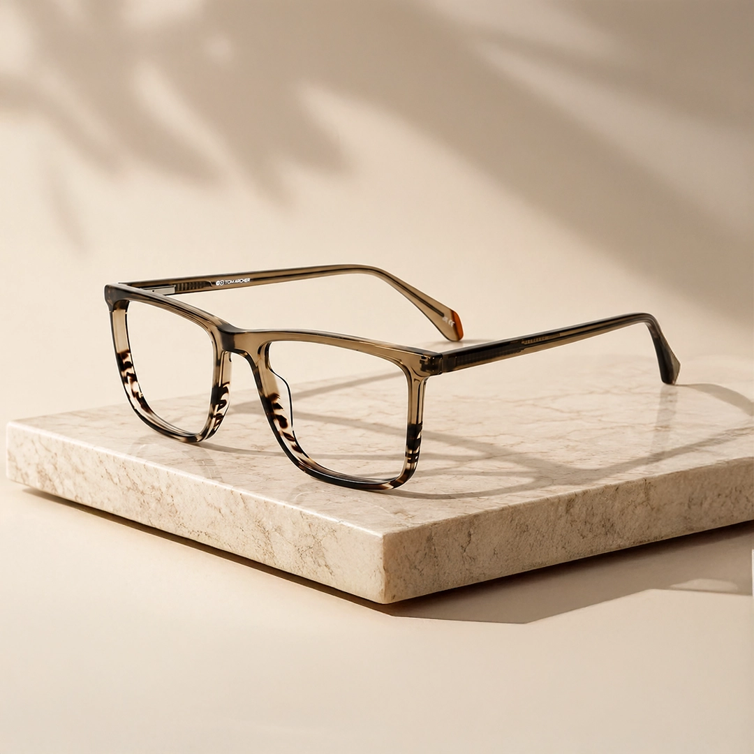 Brown Glasses Image featuring a pair of modern, thick-rimmed brown tortoiseshell glasses with clear lenses, showcasing their reflection on a light, smooth surface, featuring brown glasses page.