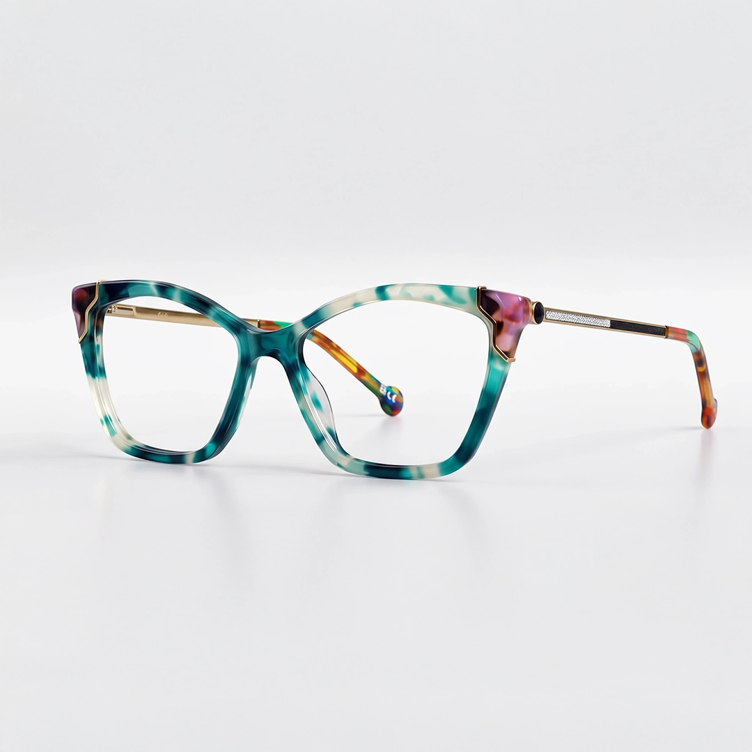 Oversized, rounded square glasses with unique, bold multicolour frames featuring blues, purples, and yellows, set on a light lavender background.