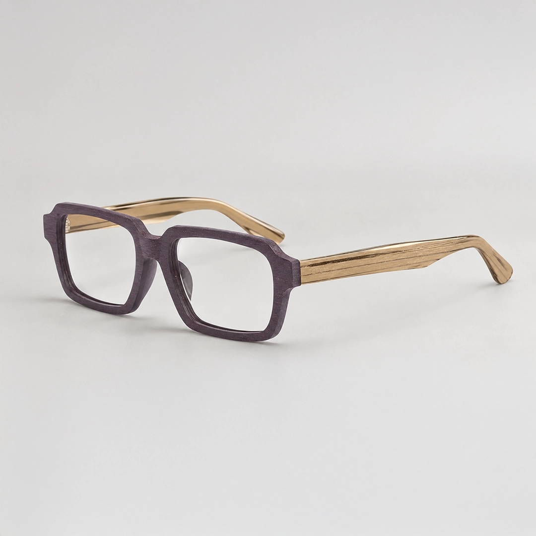 Wooden Glasses Round wooden-finish glasses resting on a polished timber stump, showcasing the natural grain texture and eco-friendly style of the frames.