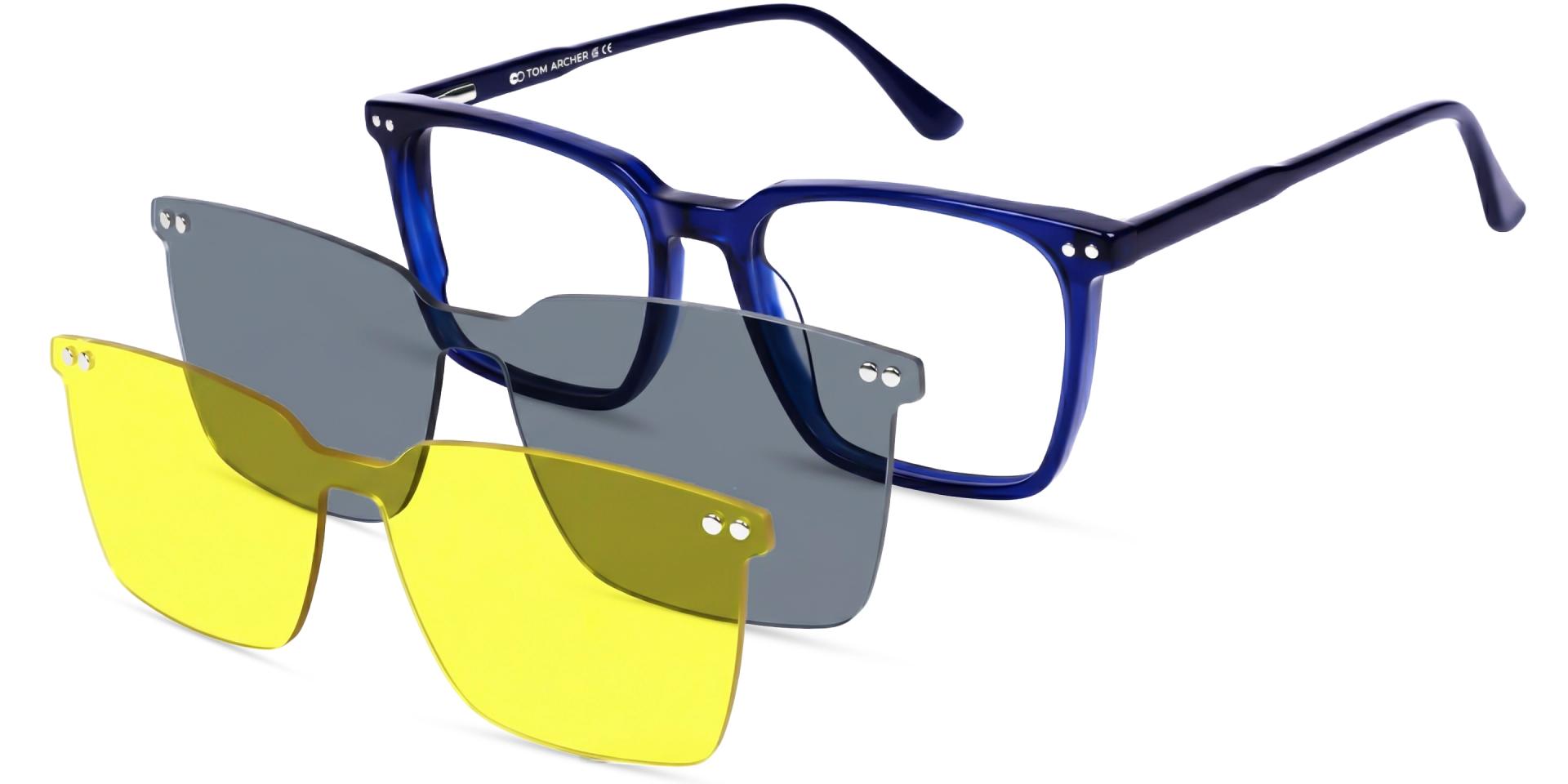 Square Dark Blue Clip-On Glasses – Magnetic Green & Yellow Lenses