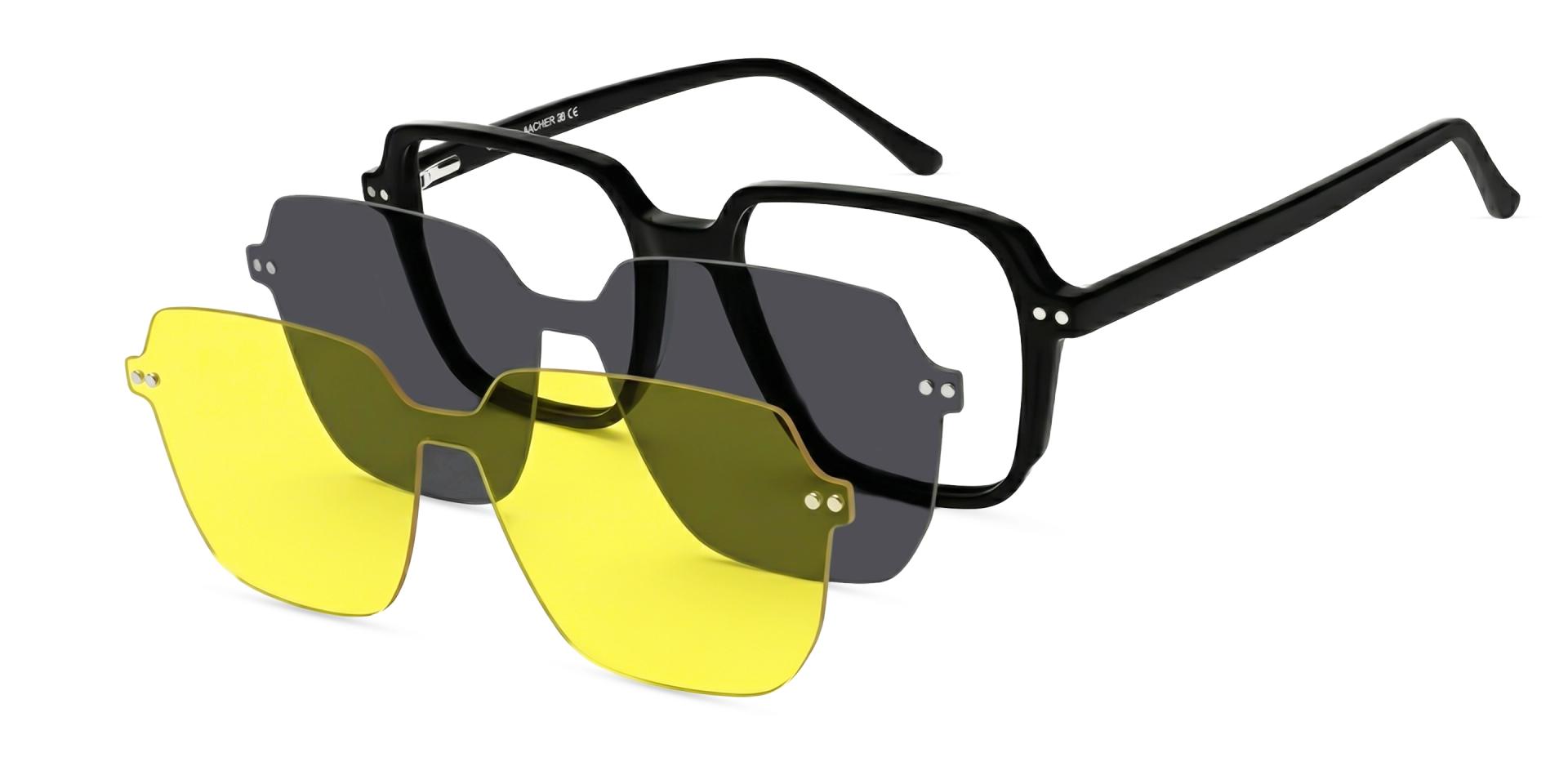 Black Clip-On Glasses – Magnetic Green & Yellow Lenses