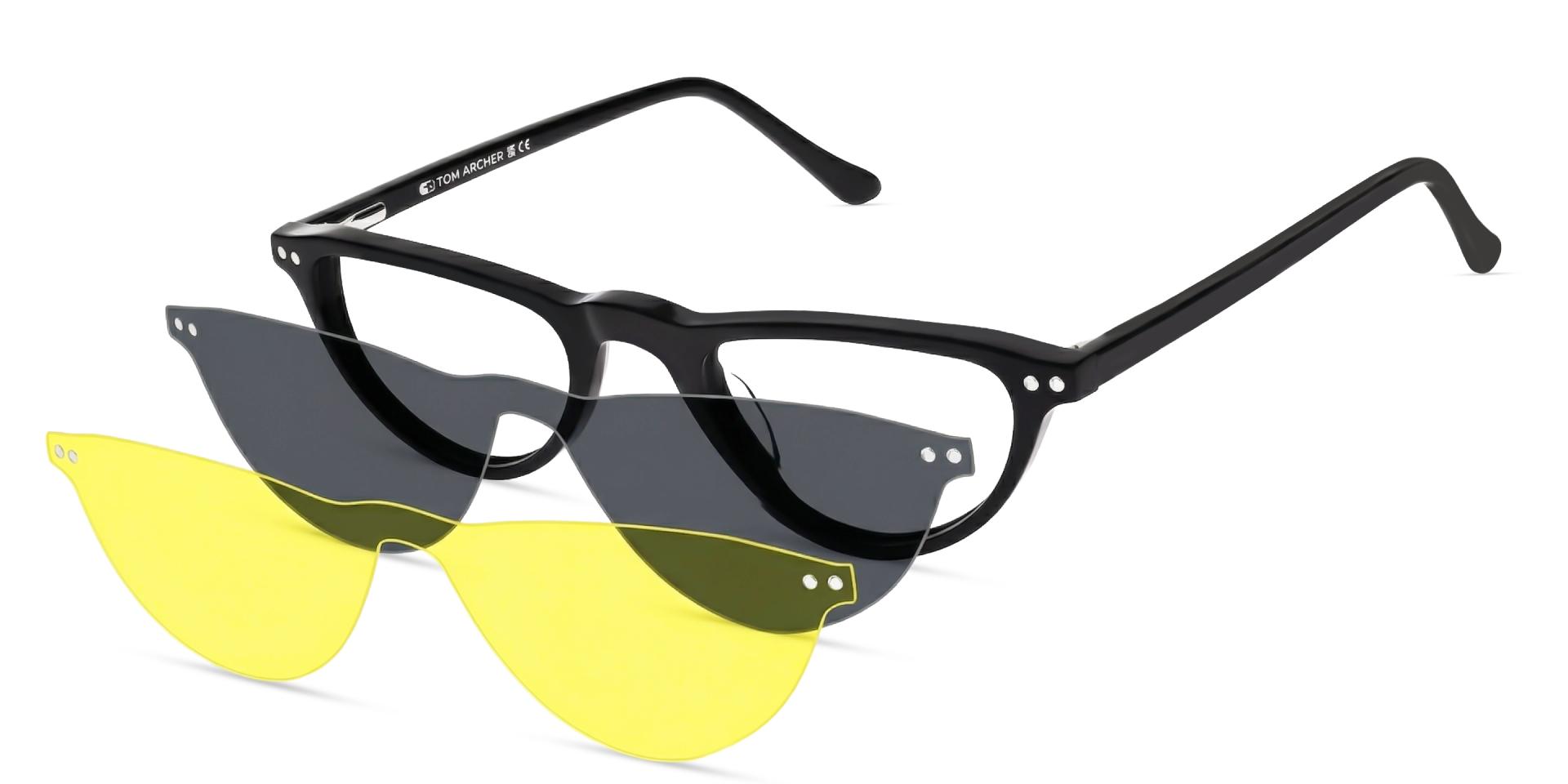 Black Cateye Clip-On Glasses - Yellow & Dark Grey Lenses