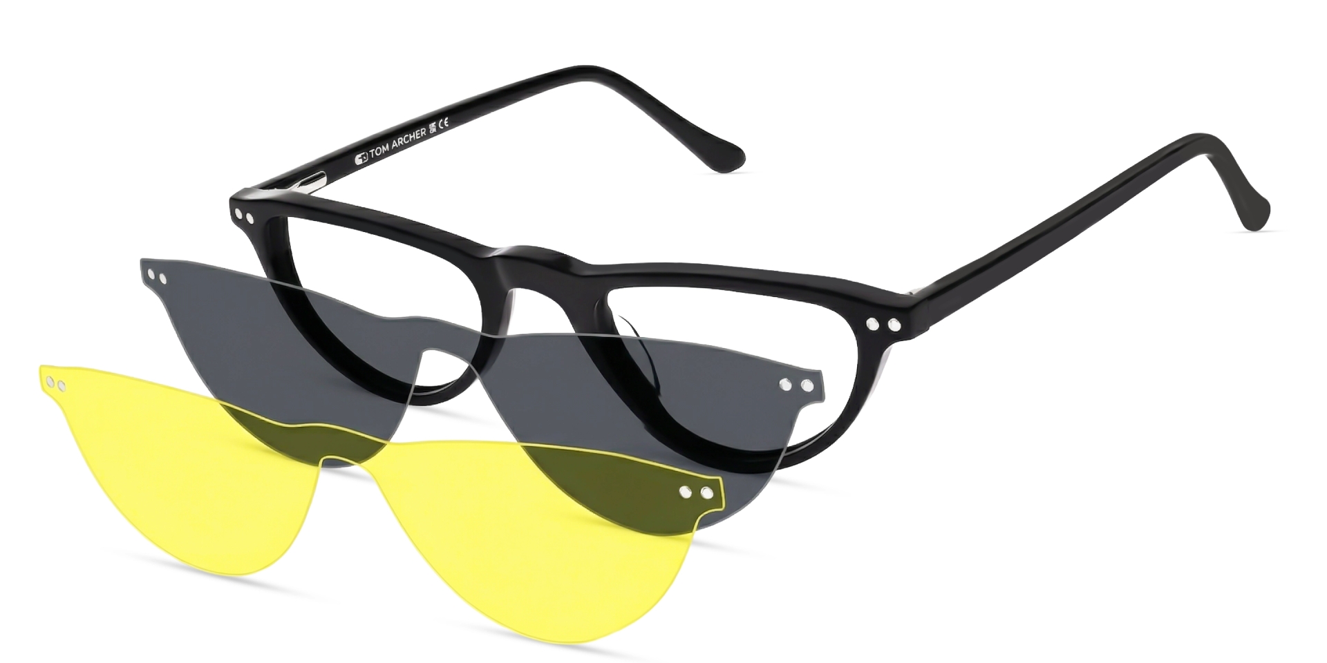 Black Cateye Clip-On Glasses - Yellow & Dark Grey Lenses Black Cateye Clip-On Glasses - Yellow & Dark Grey Lenses