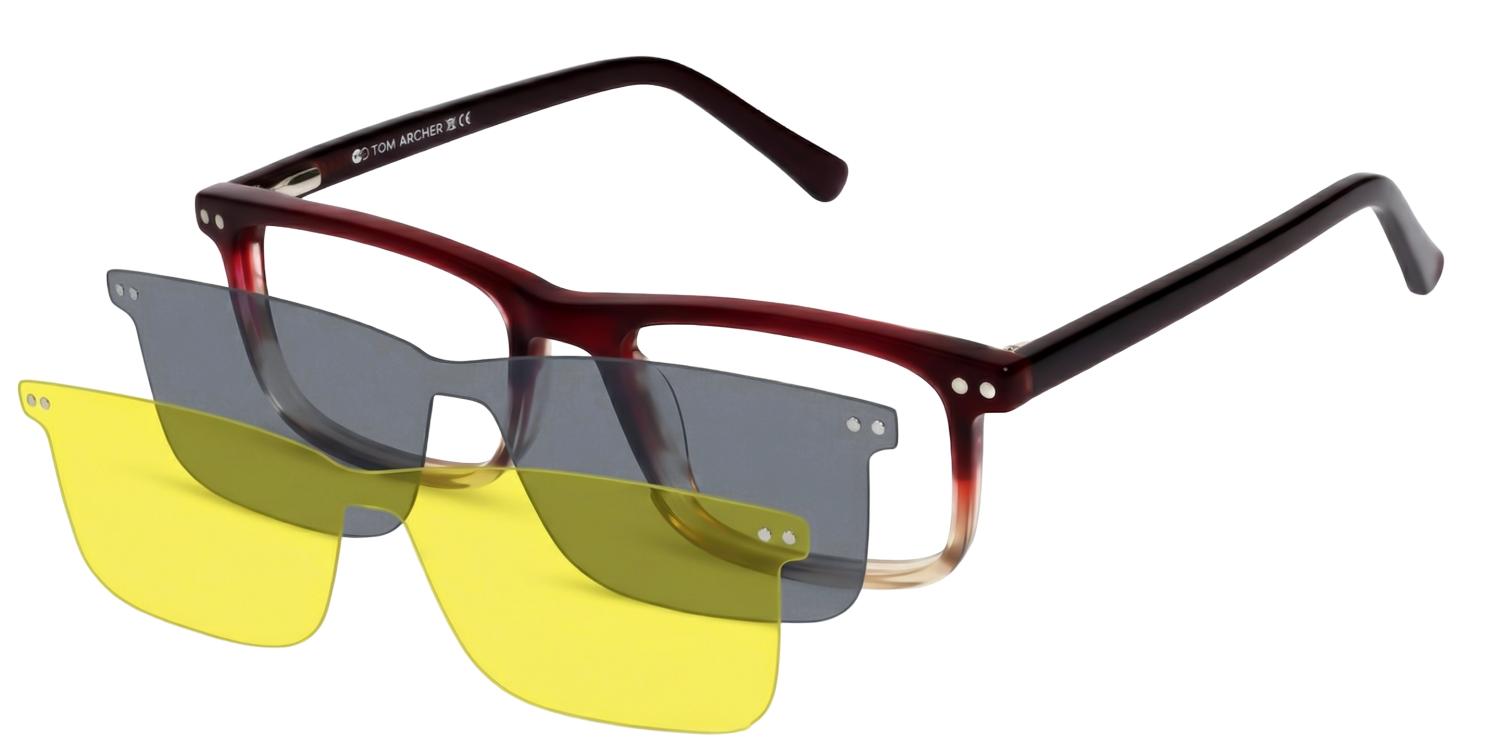 Red & Brown Ombre Clip-On Glasses with Yellow & Grey Lenses