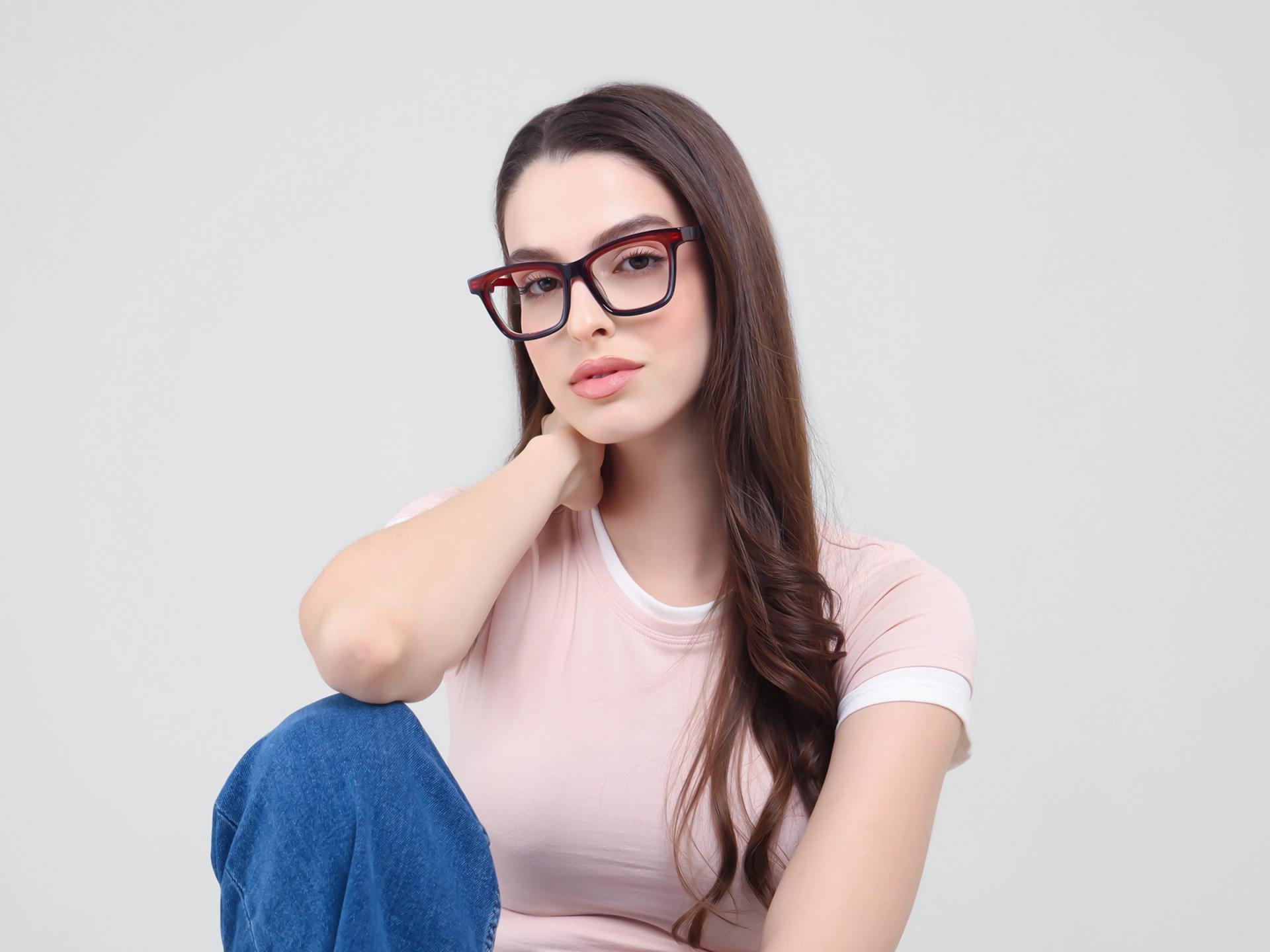 Dark Brown & Red Square Fullrim Acetate Glasses