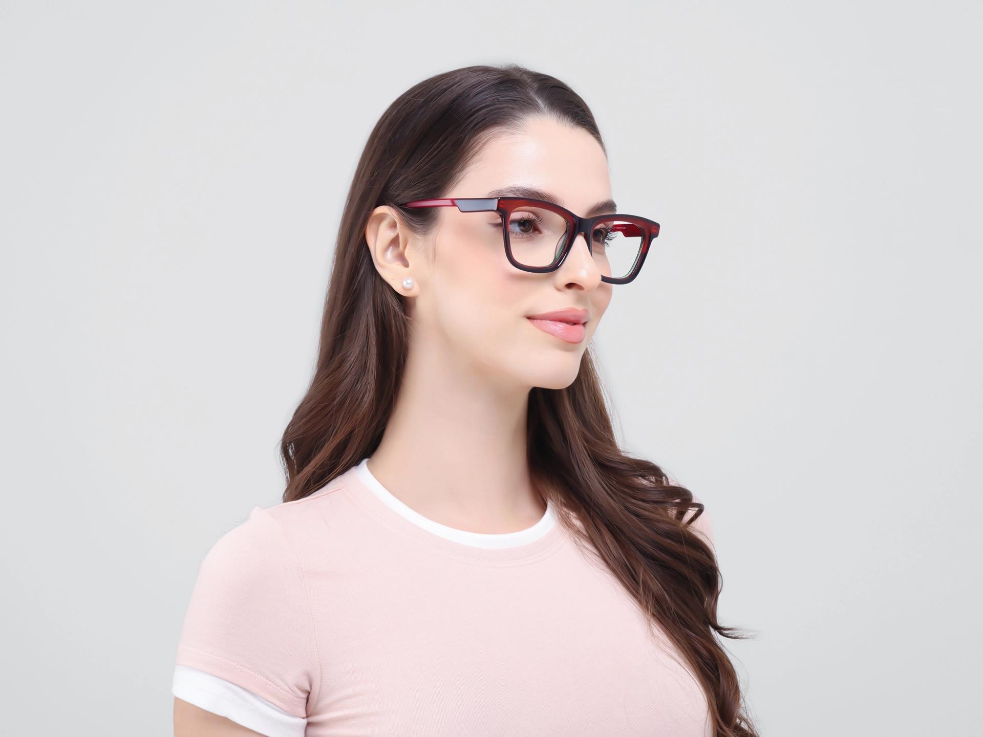 Dark Brown & Red Square Fullrim Acetate Glasses