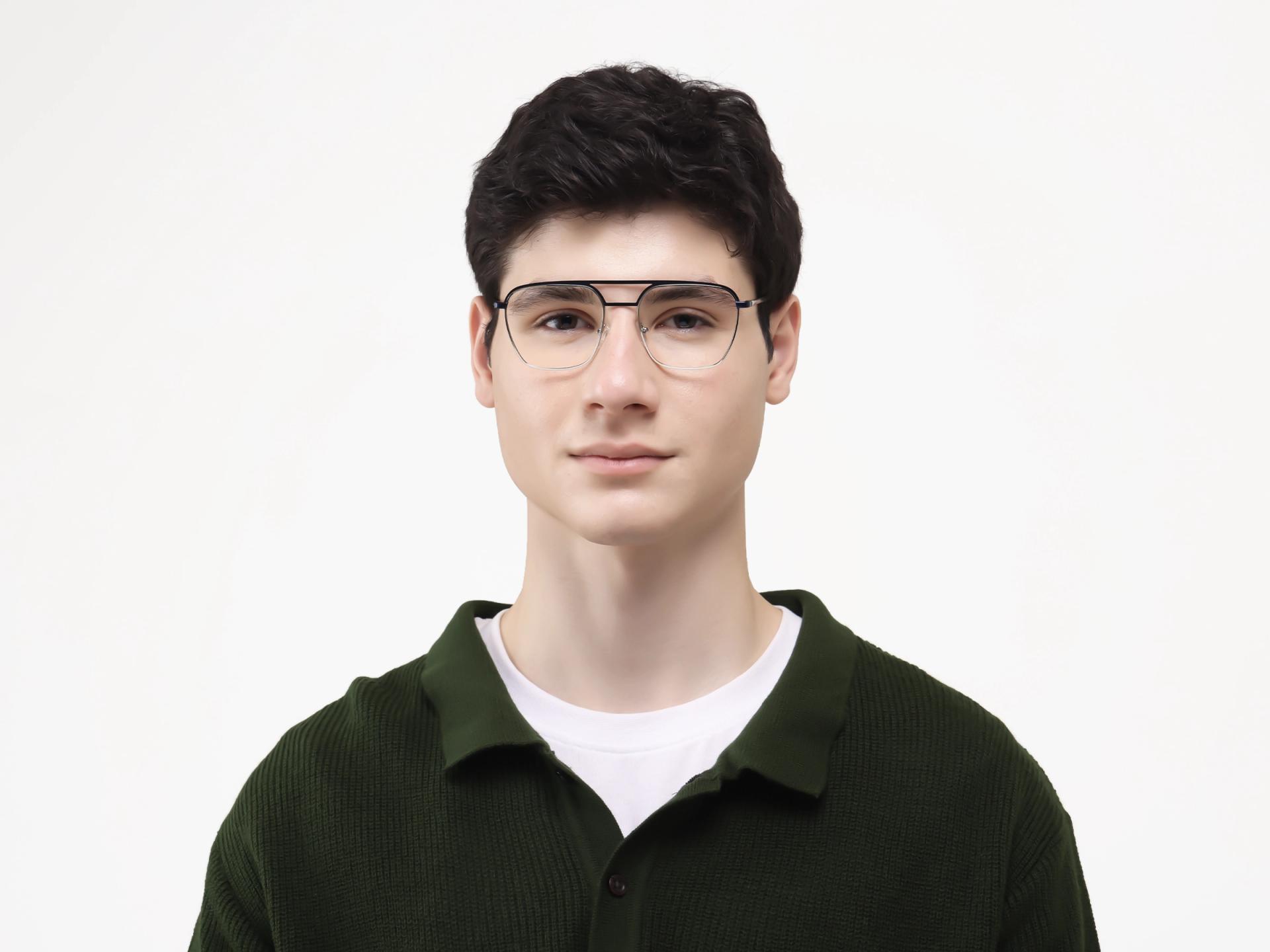 Navy Blue & Silver Square Pilot Glasses-1