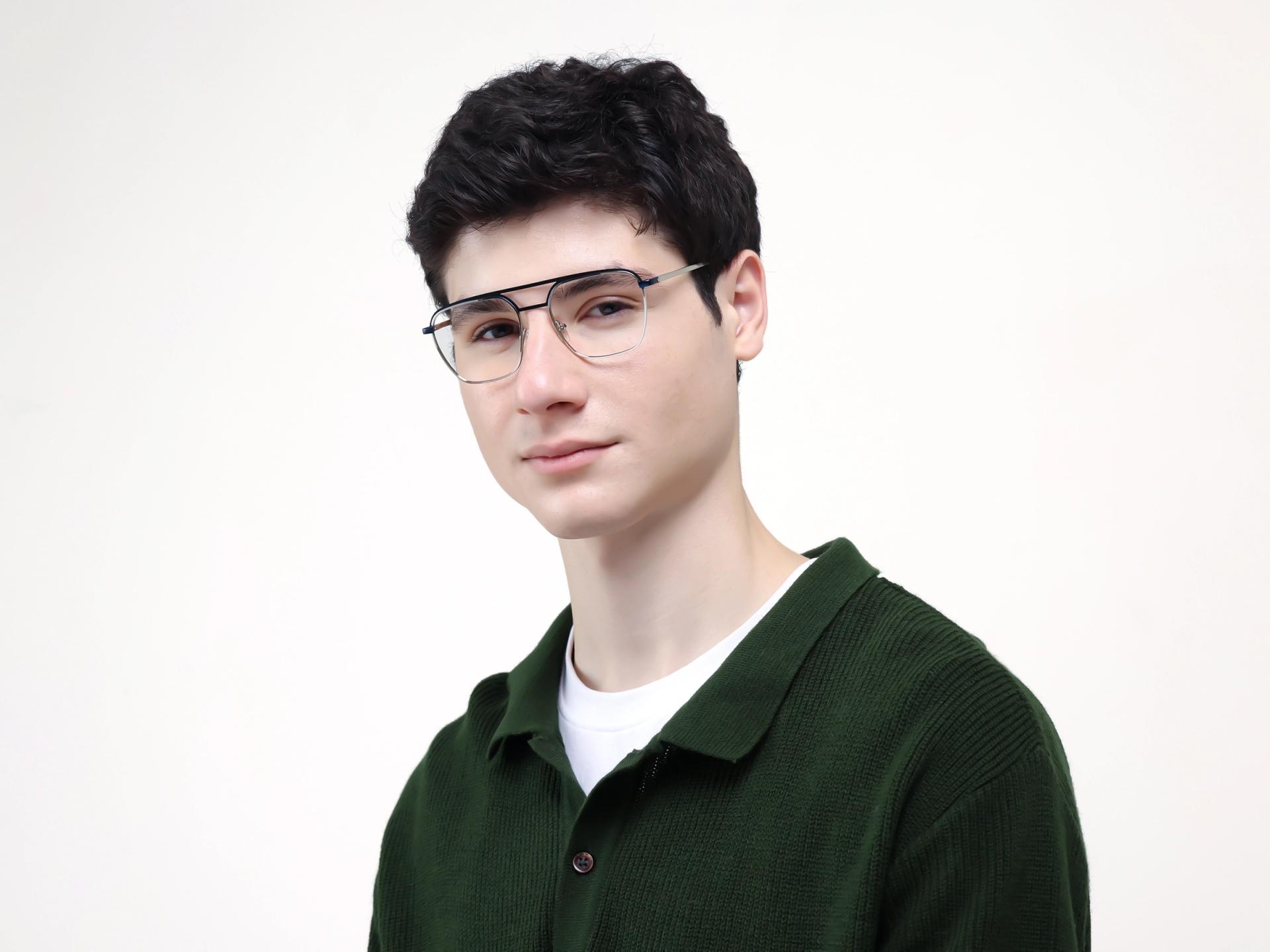 Navy Blue & Silver Square Pilot Glasses-1