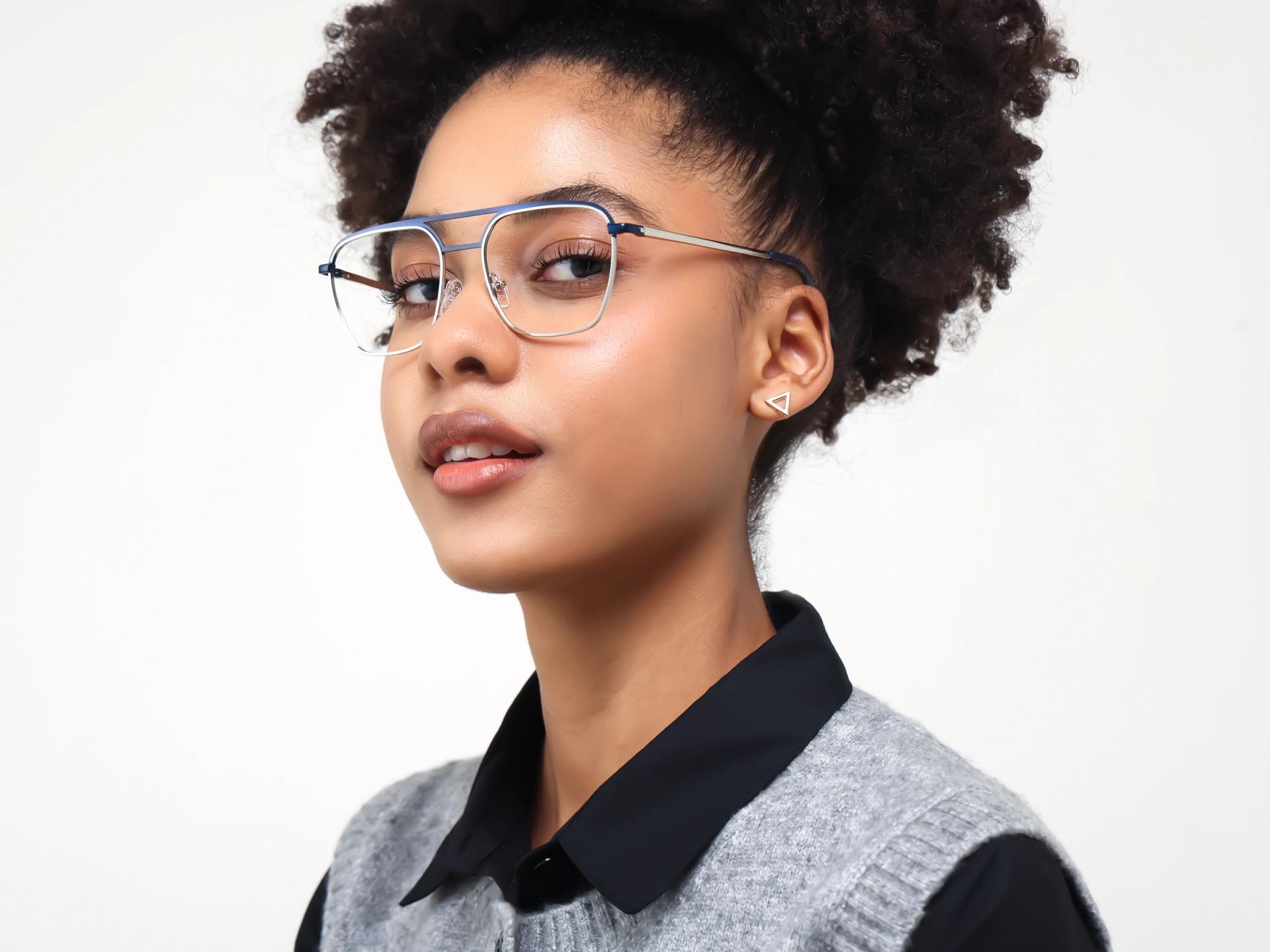 Navy Blue & Silver Square Pilot Glasses-1