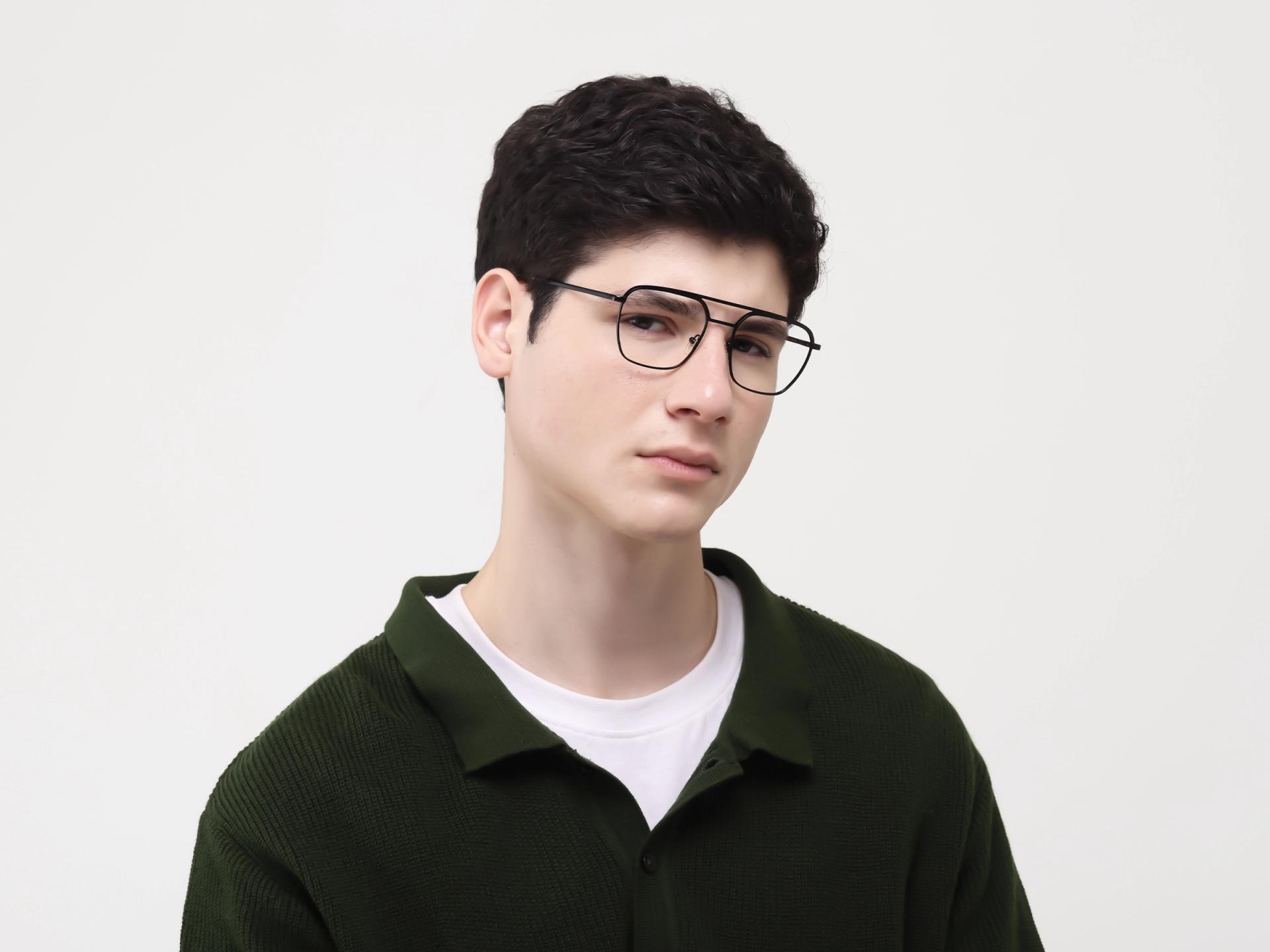 Black Metal Double Bridge Pilot Glasses-4