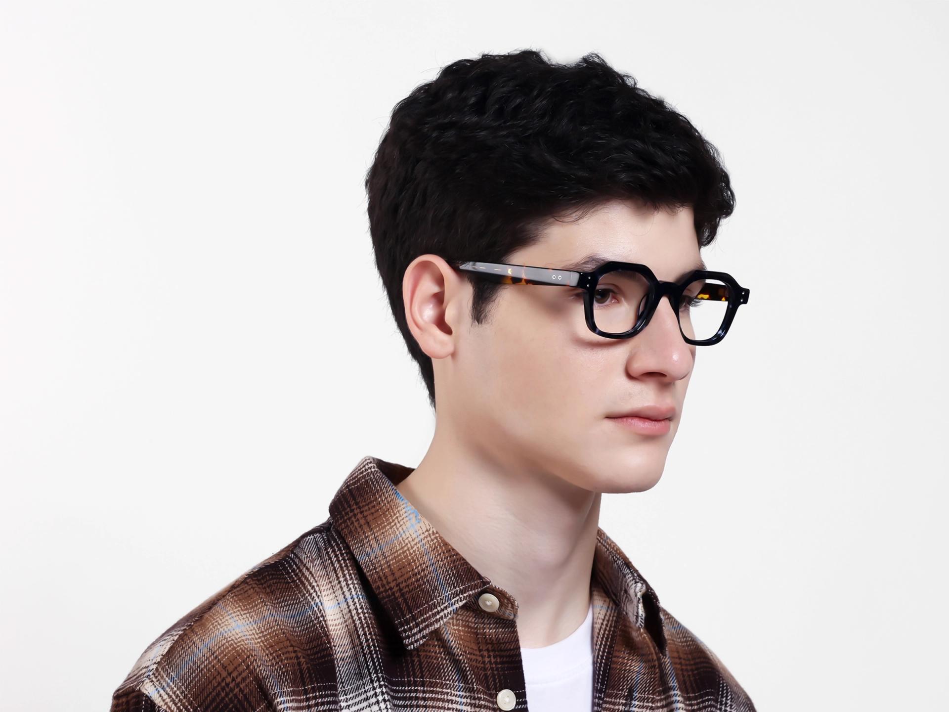 Blue Tortoise Hexagonal Thick Frame Glasses-1