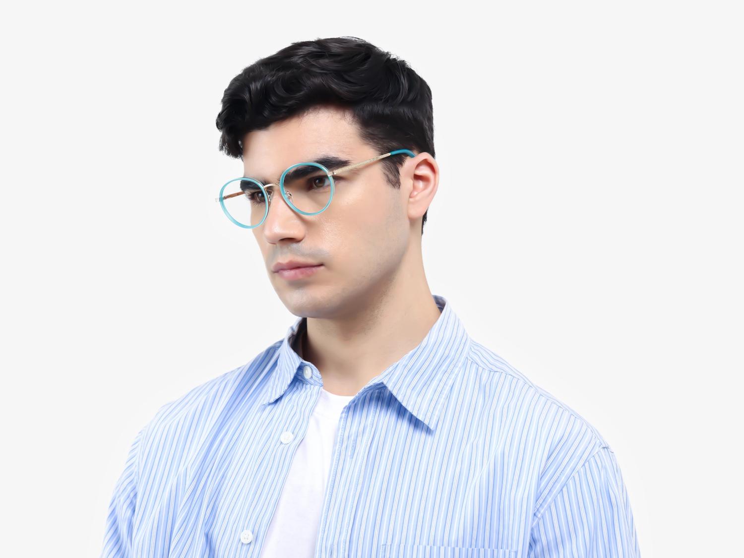 Round Cyan & Gold Keyhole Bridge Glasses-1
