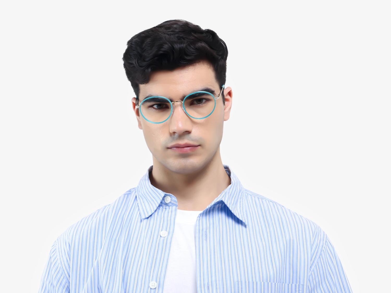 Round Cyan & Gold Keyhole Bridge Glasses-1