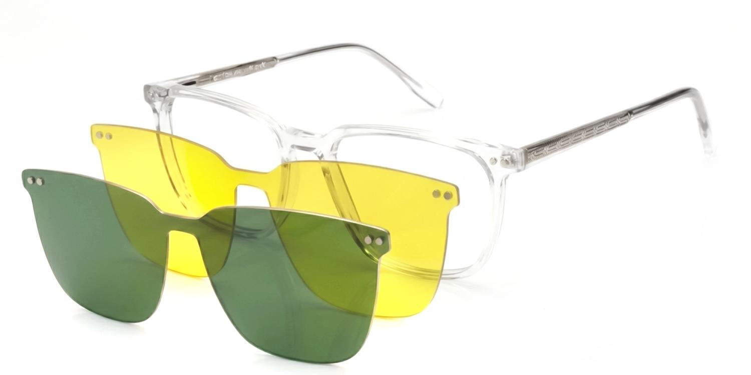 Square Crystal Clear Clip-On Glasses - Green & Yellow Lenses