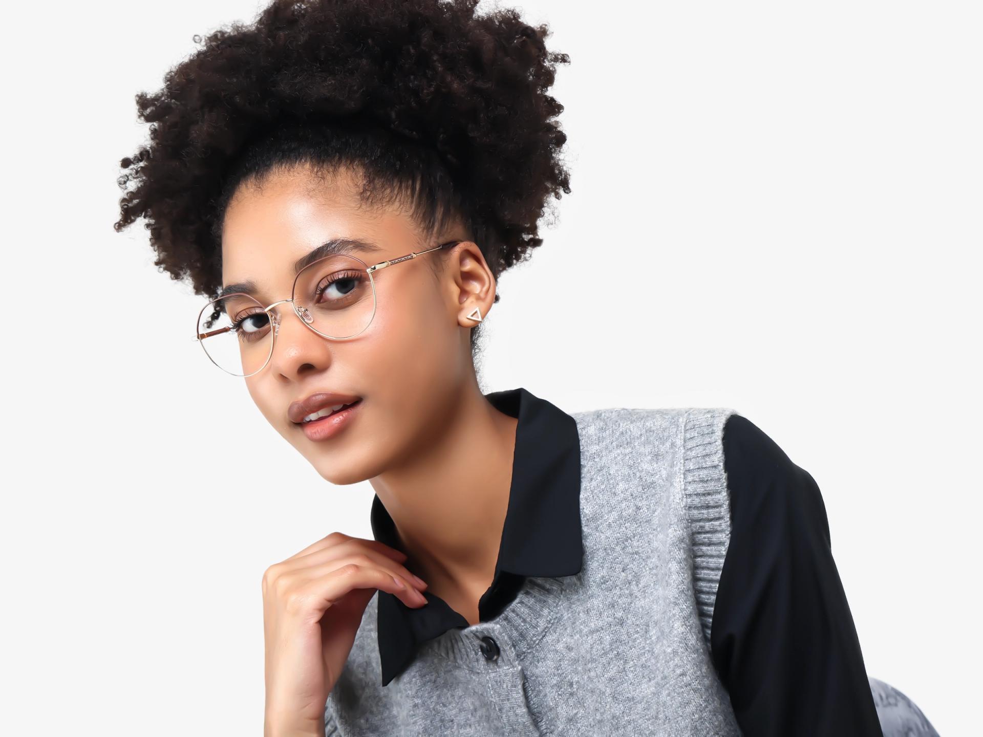 Brown & Champagne Gold Round Geometric Glasses-1