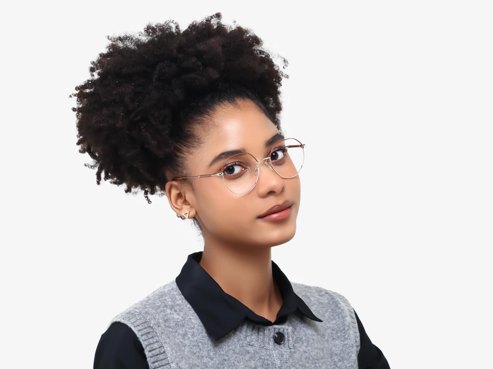 Brown & Champagne Gold Round Geometric Glasses-1
