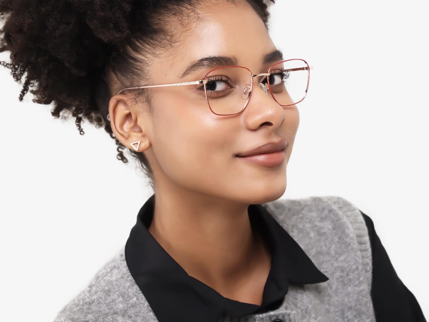 Red & Champagne Gold Square Metal Frame Glasses | Specscart-1