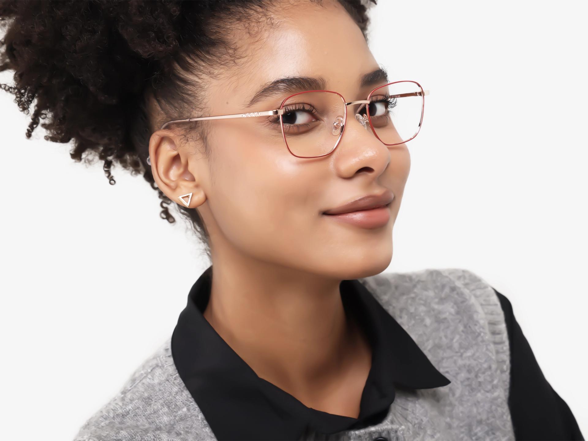 Red & Champagne Gold Square Metal Frame Glasses | Specscart-1