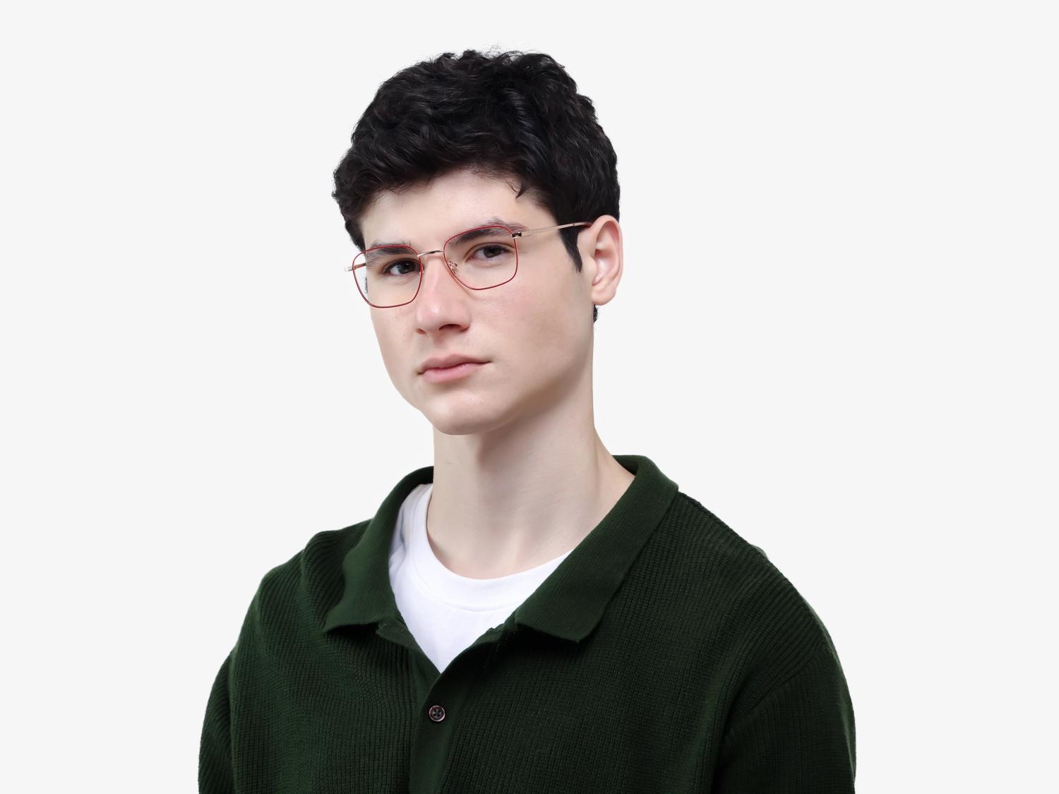 Red & Champagne Gold Square Metal Frame Glasses | Specscart-1