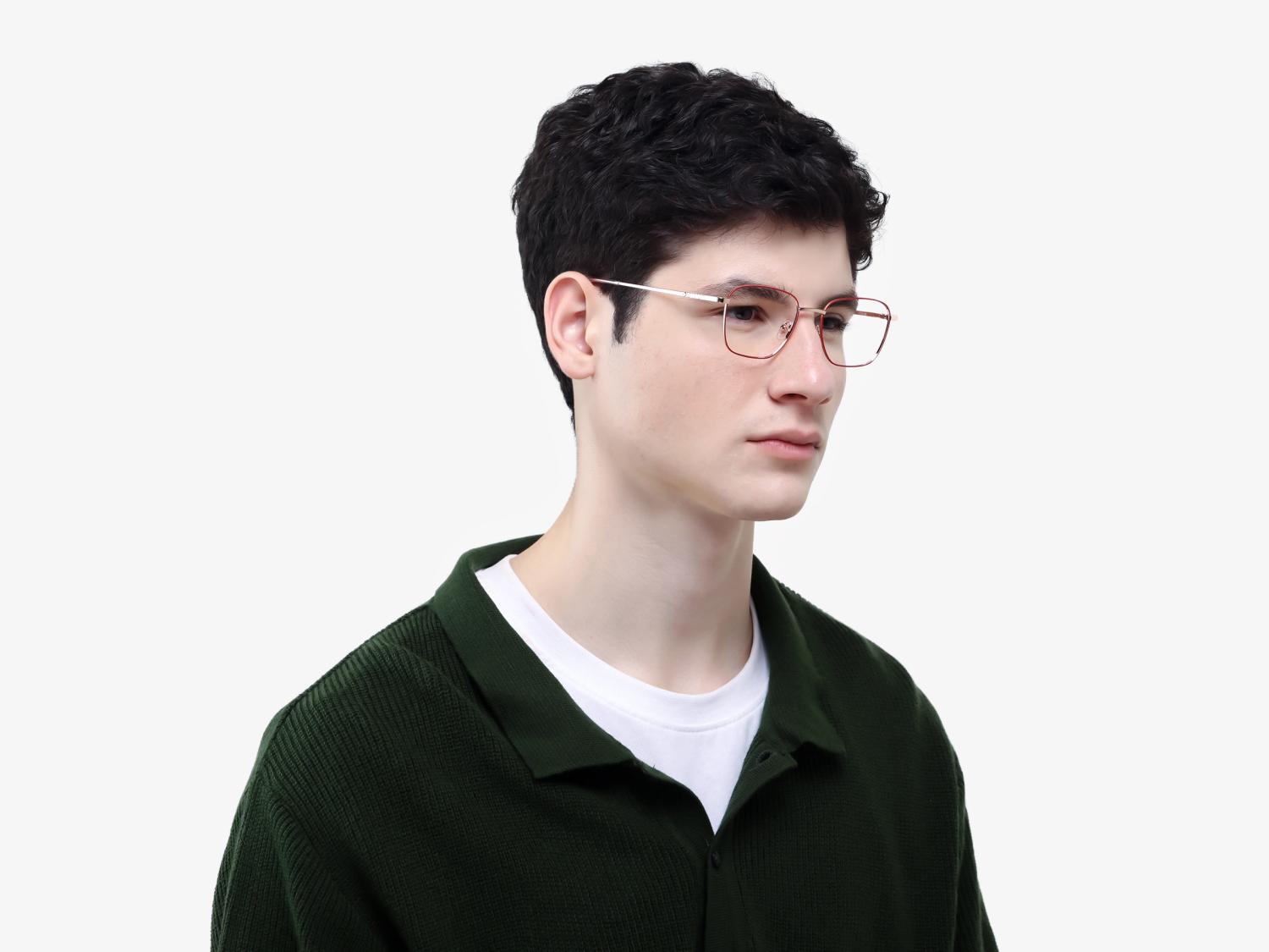Red & Champagne Gold Square Metal Frame Glasses | Specscart-1