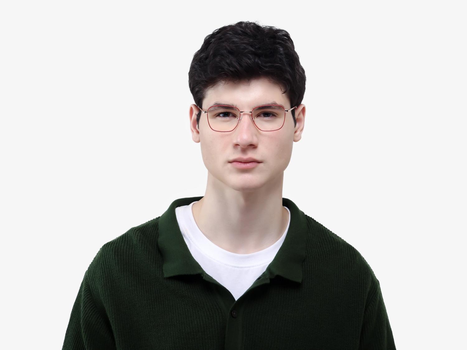 Red & Champagne Gold Square Metal Frame Glasses | Specscart-1