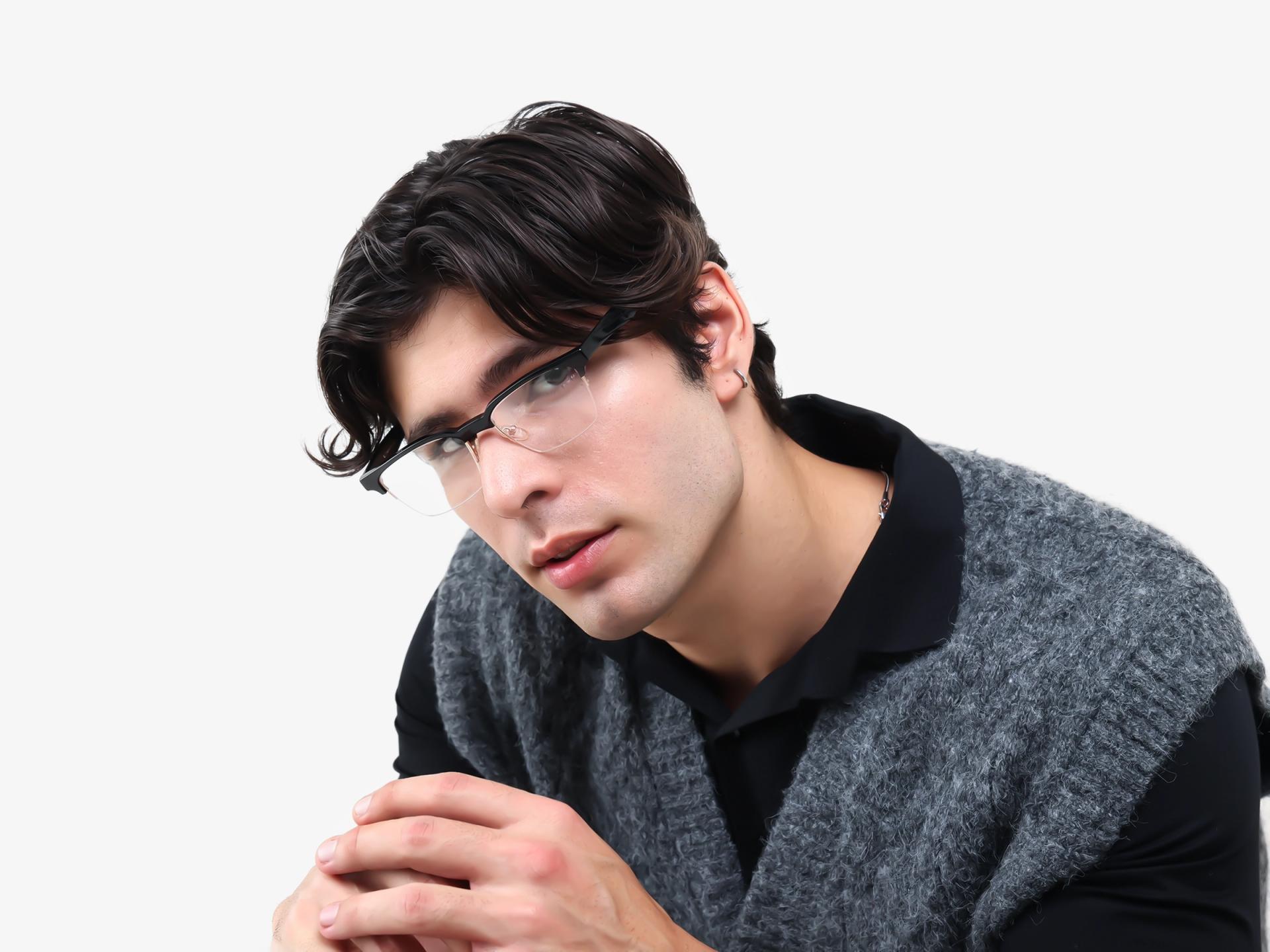 Black Rectangle Browline Acetate Glasses-1