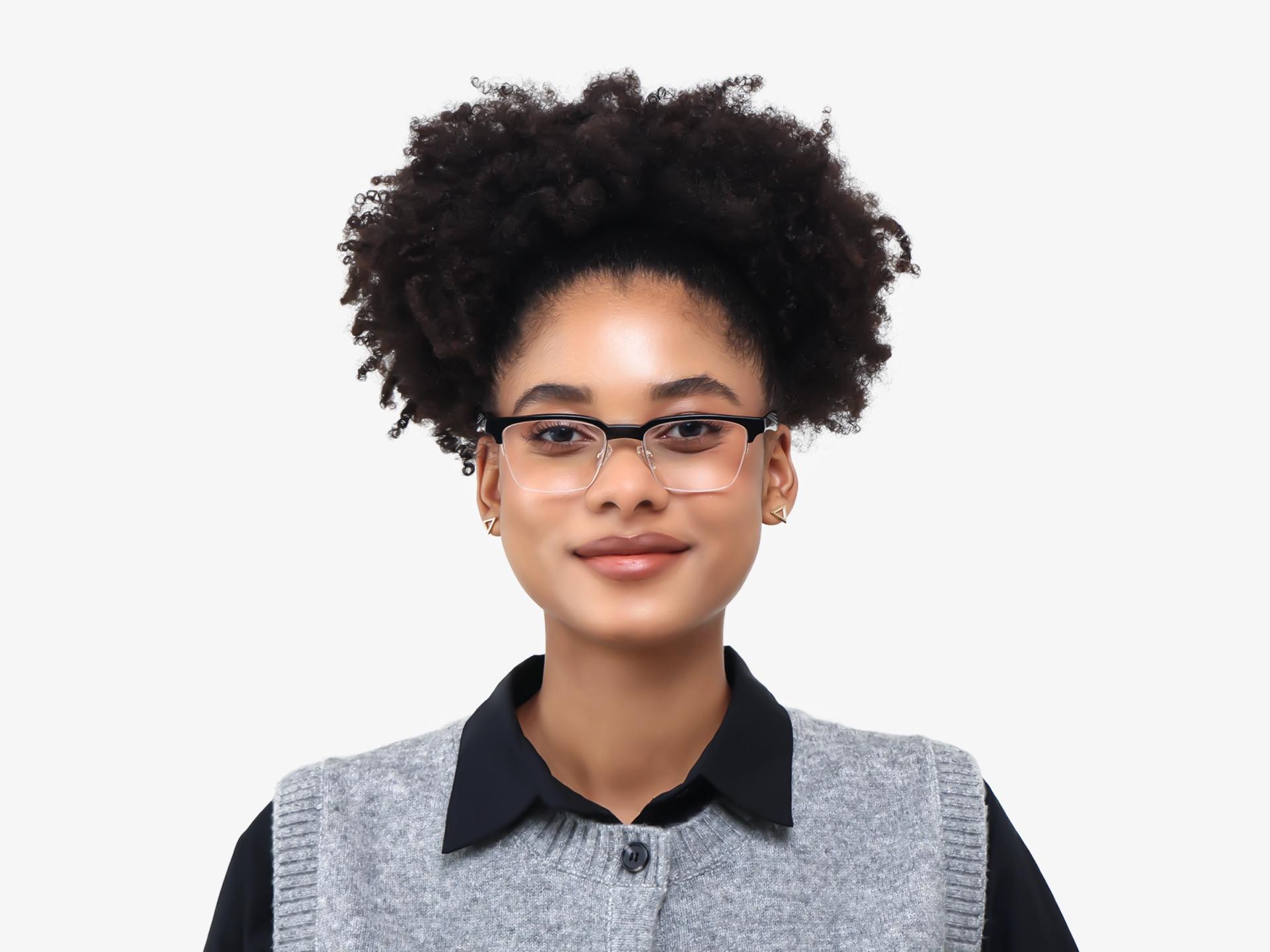 Black Rectangle Browline Acetate Glasses-1