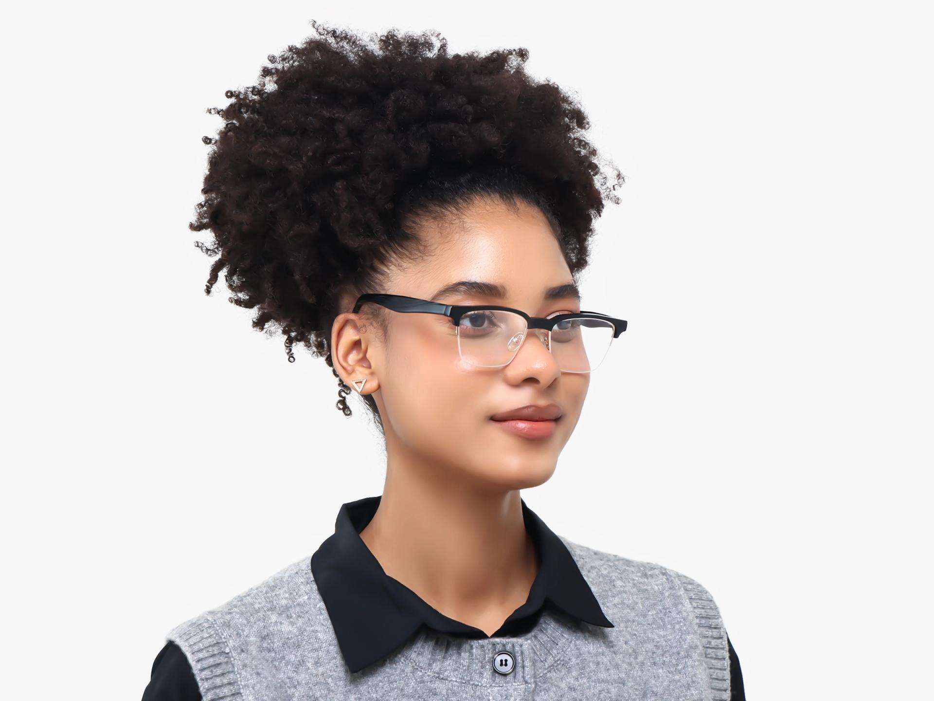 Black Rectangle Browline Acetate Glasses-1