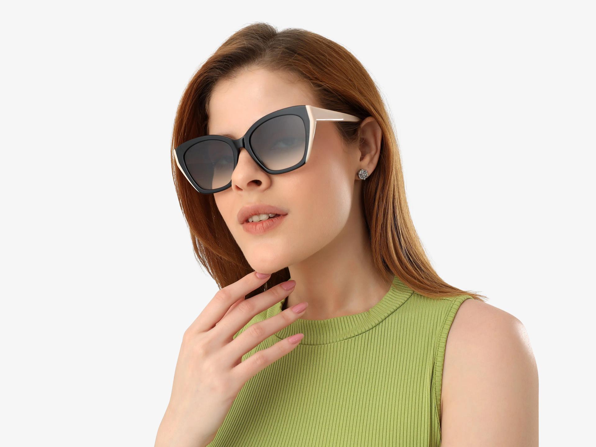 Black Spring Hinge Cat-Eye Frame With Green Tint Sunglasses-1