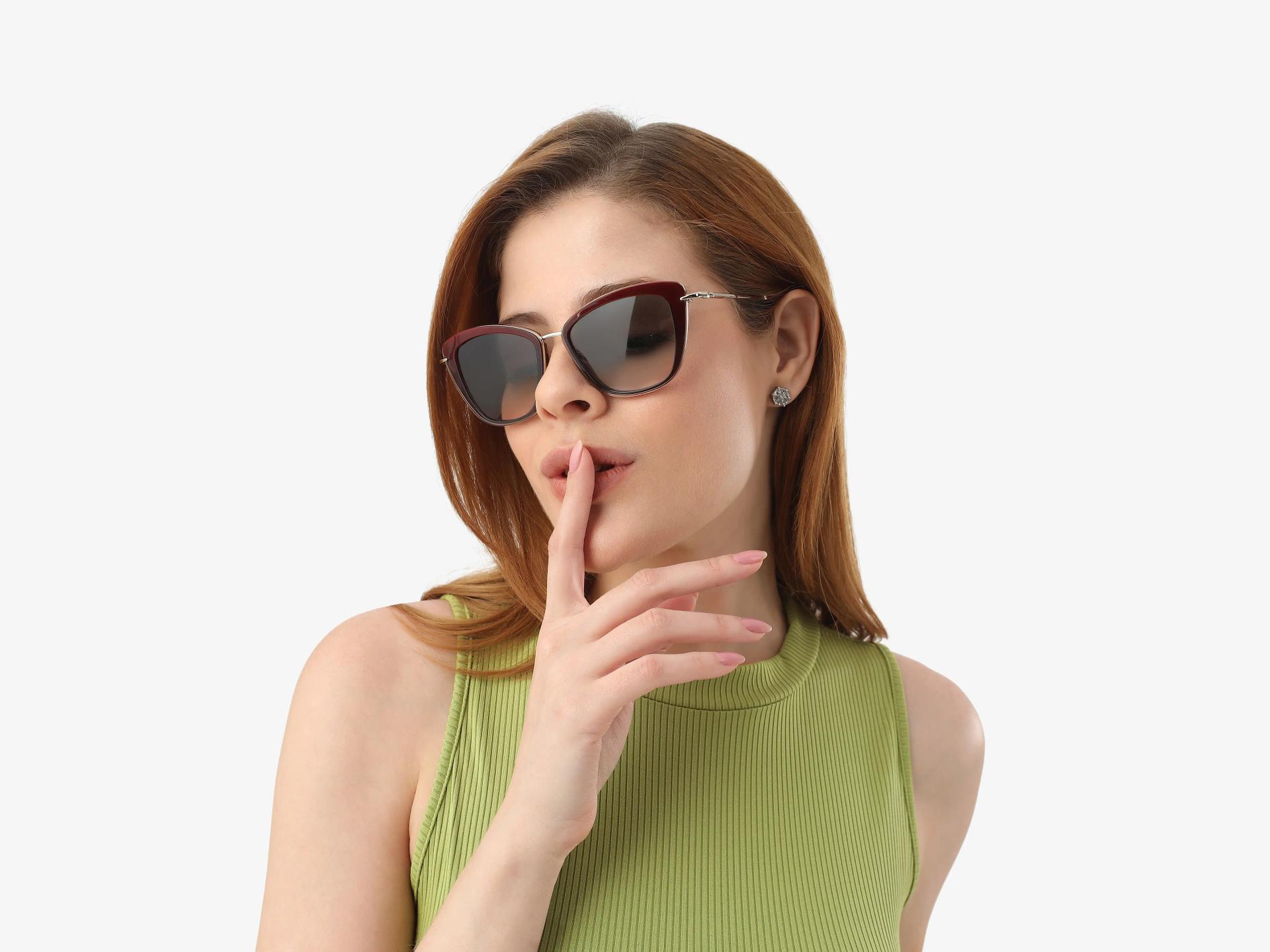 Dark Maroon Cat-Eye Frame With Green Tint Sunglasses-1
