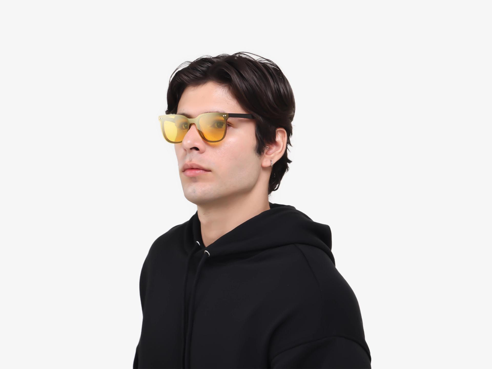 Dark Chestnut Clip-On Glasses with Yellow & Grey Lenses