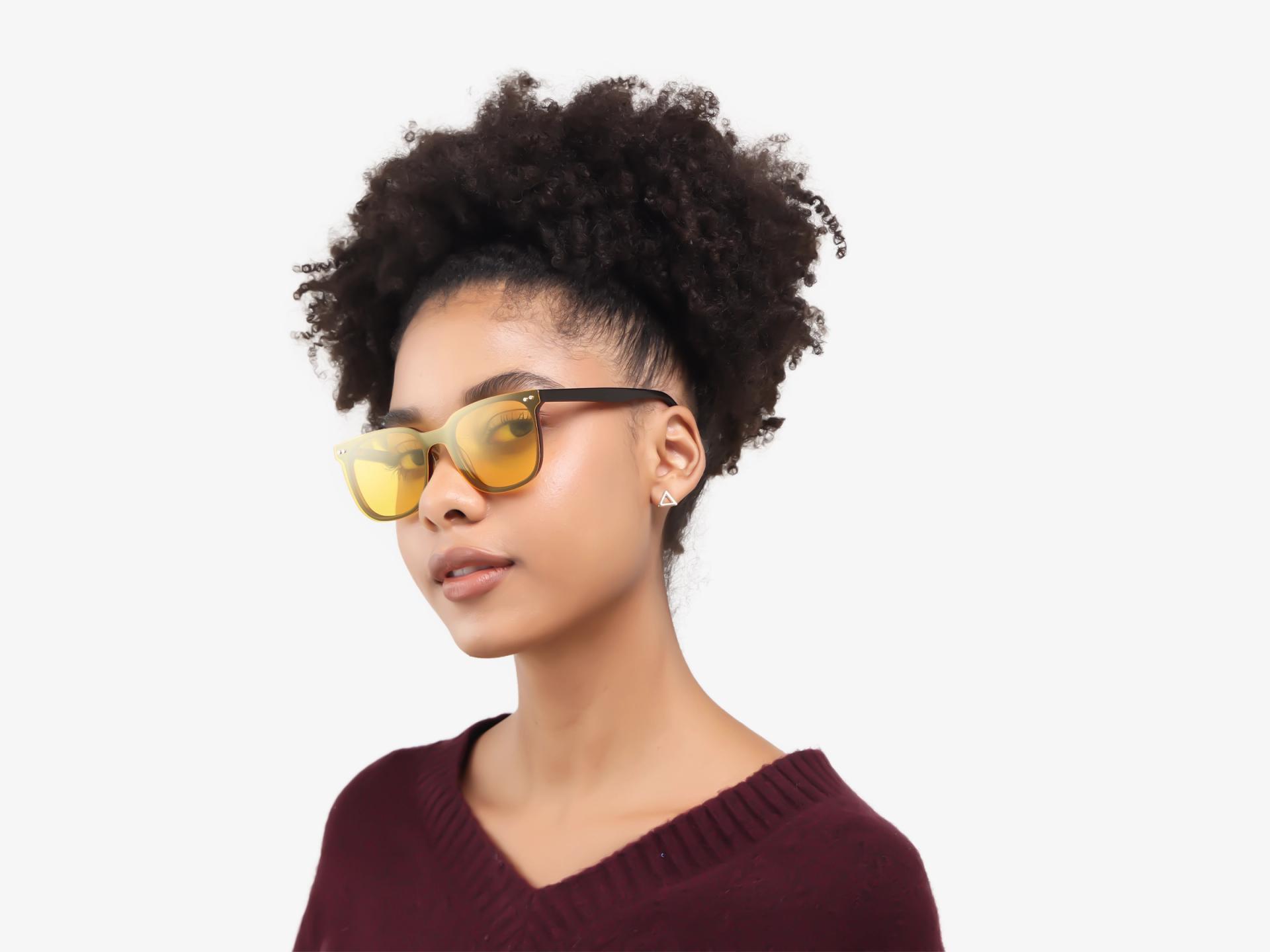 Dark Chestnut Clip-On Glasses with Yellow & Grey Lenses