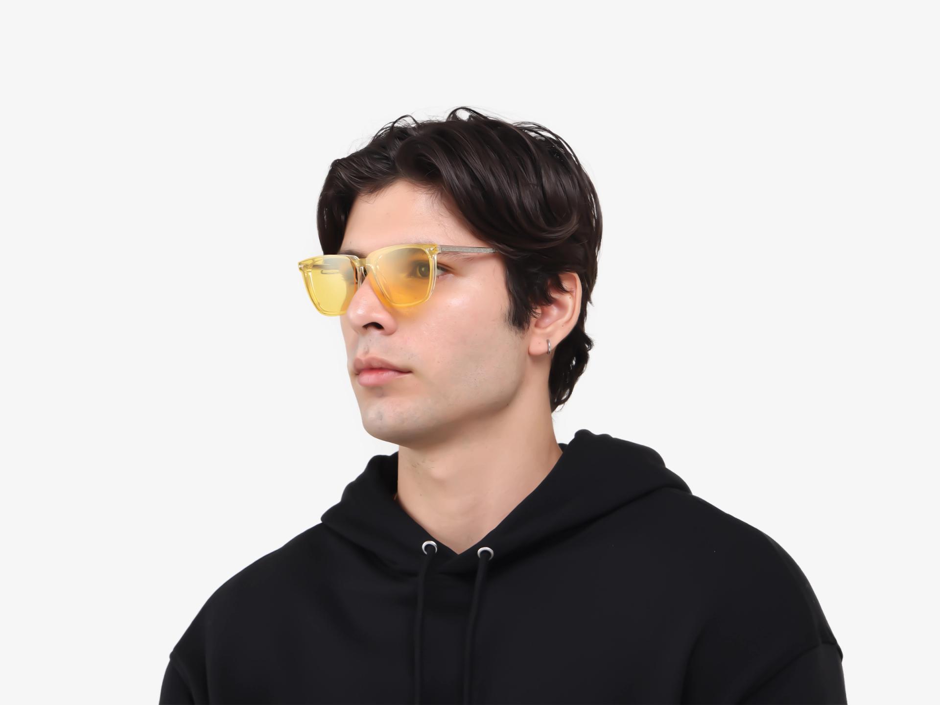 Square Crystal Clear Clip-On Glasses - Green & Yellow Lenses