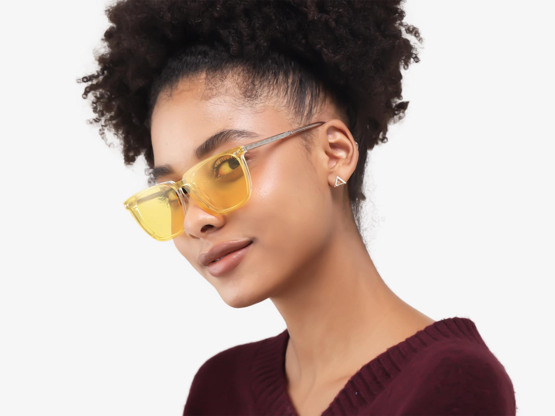 Square Crystal Clear Clip-On Glasses - Green & Yellow Lenses
